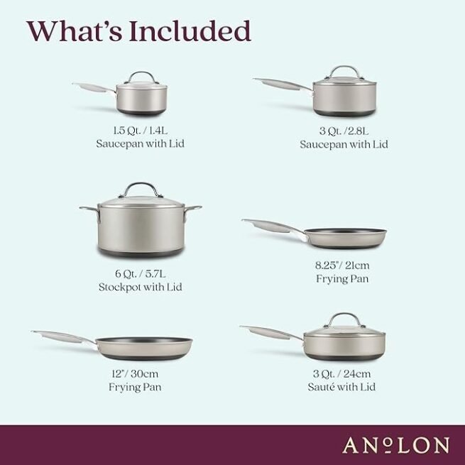 Anolon Achieve Conjunto de panelas e frigideiras antiaderentes anodizadas rígidas, 10 peças - prata