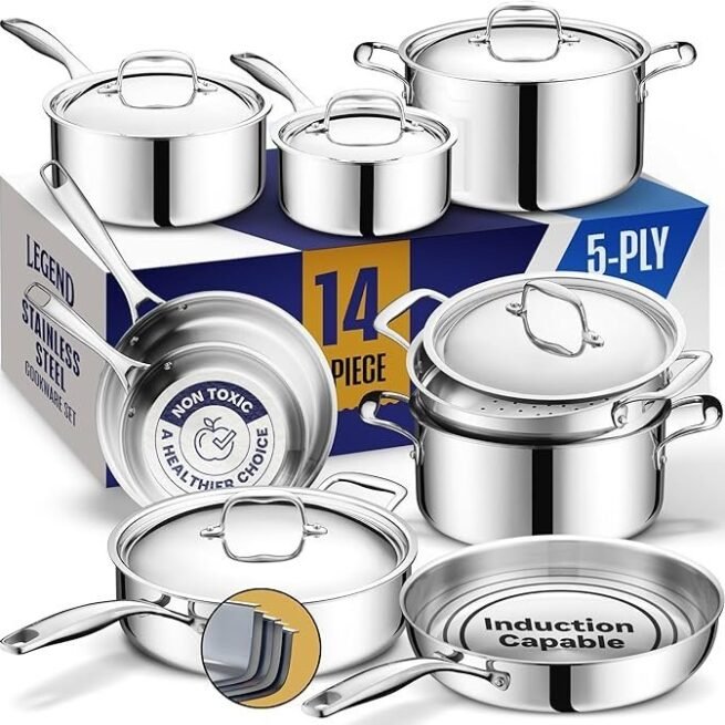 LEGEND COOKWARE Conjunto de panelas de aço inoxidável | 5 camadas, 14 peças, indução, não tóxico, seguro para forno | Melhor 18/8 totalmente revestido