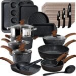 Conjunto de panelas e assadeiras de indução de cozinha com 30 peças de panelas e frigideiras antiaderentes de granito preto