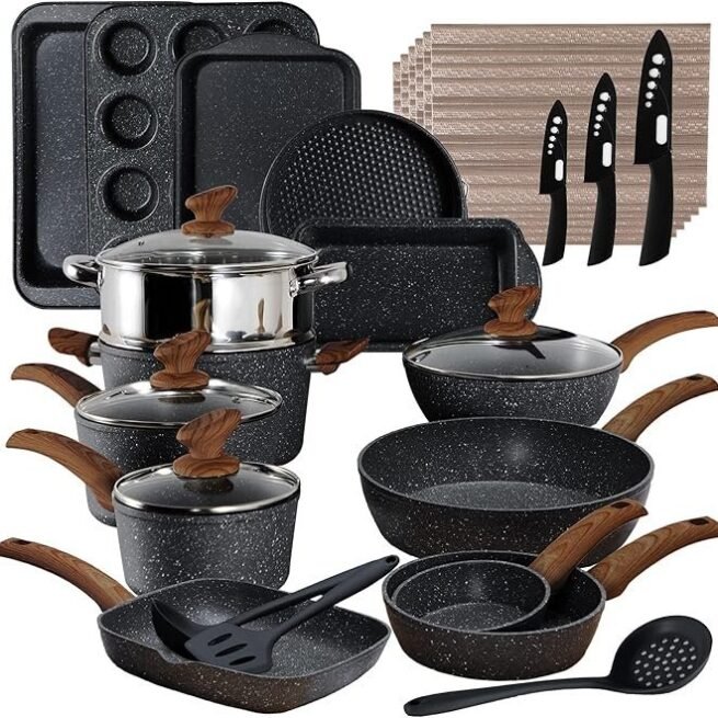 Conjunto de panelas e assadeiras de indução de cozinha com 30 peças de panelas e frigideiras antiaderentes de granito preto